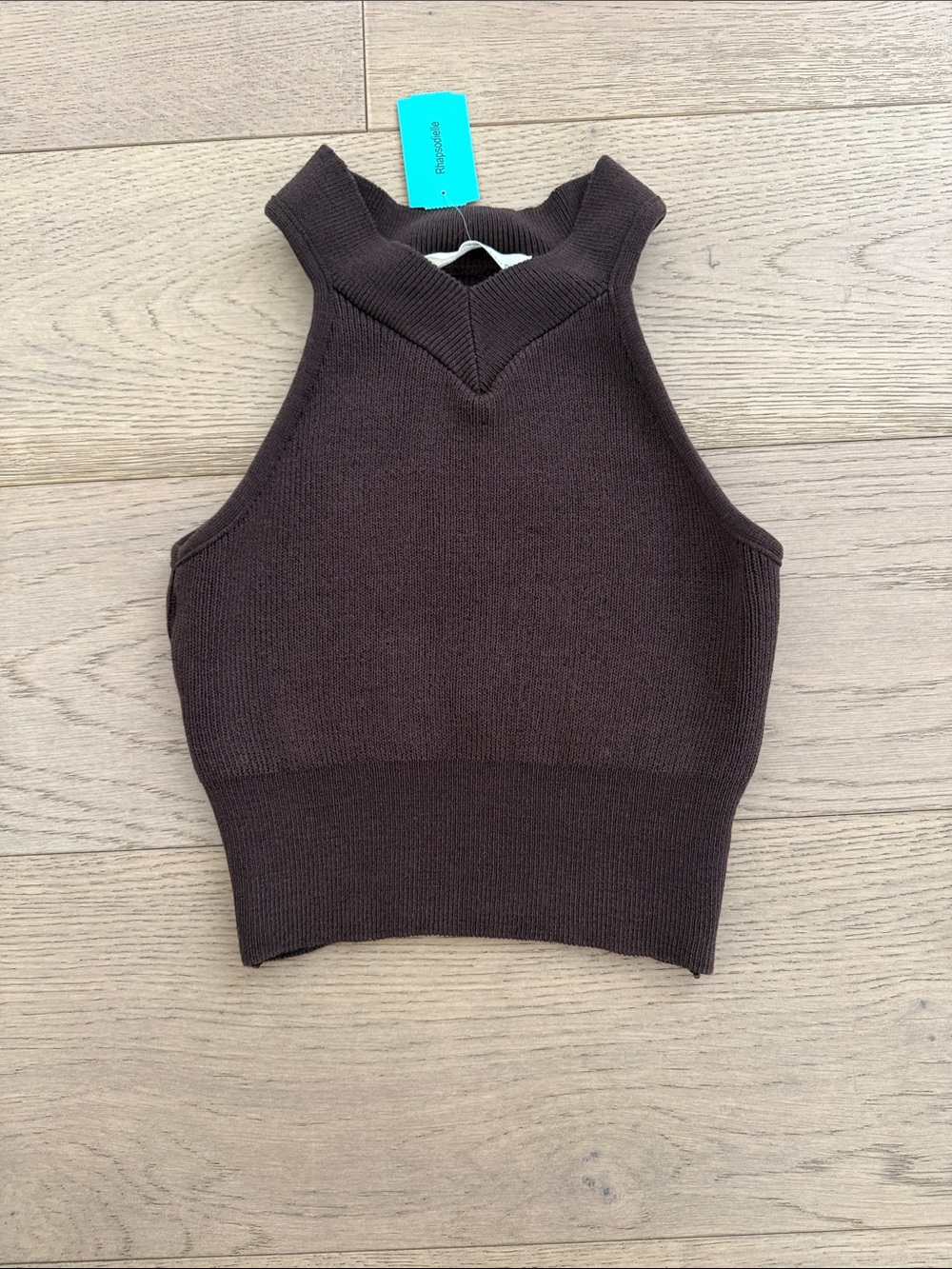 Ribbed Mock-Neck Crop Tank Top in Dark Brown. Knit ribbed chocolate brown top.